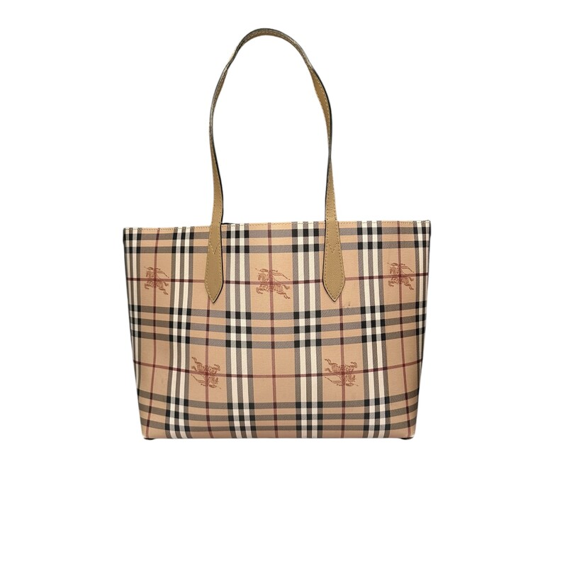 Burberry Haymarket Check Reversible Tote<br />
<br />
Dimensions: 13 L x 11H<br />
<br />
In very good condition. Some corner wear. Some interior pen marks.<br />
<br />
Does not come with original dust bag or box