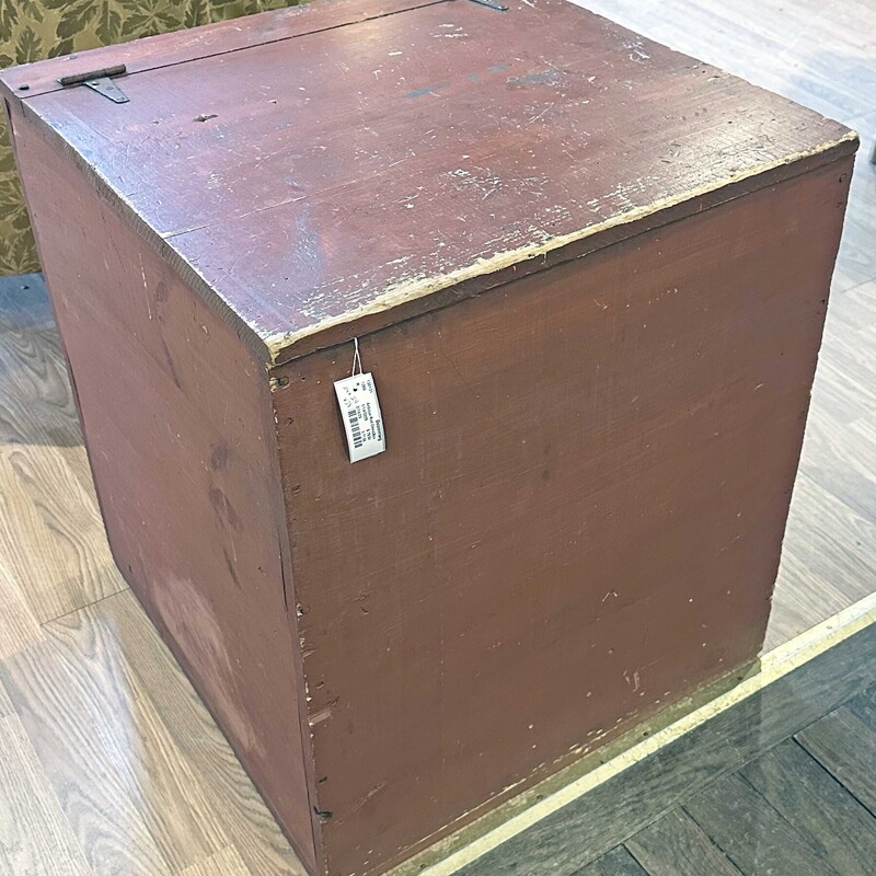 Antique Red Chest/Box
 Size: 24x24x28
This chest/box has great patina that only occurs with age.  It has antique square nails and a wonderful shade of red paint that is worn in.  It could be used for a number of things, but i would suggest kindling, pellets or blankets  Let your imangination go....