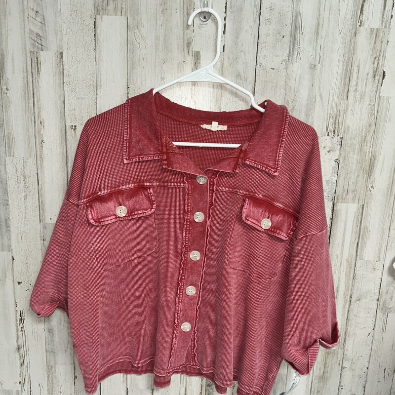 L Red Waffle Button Top