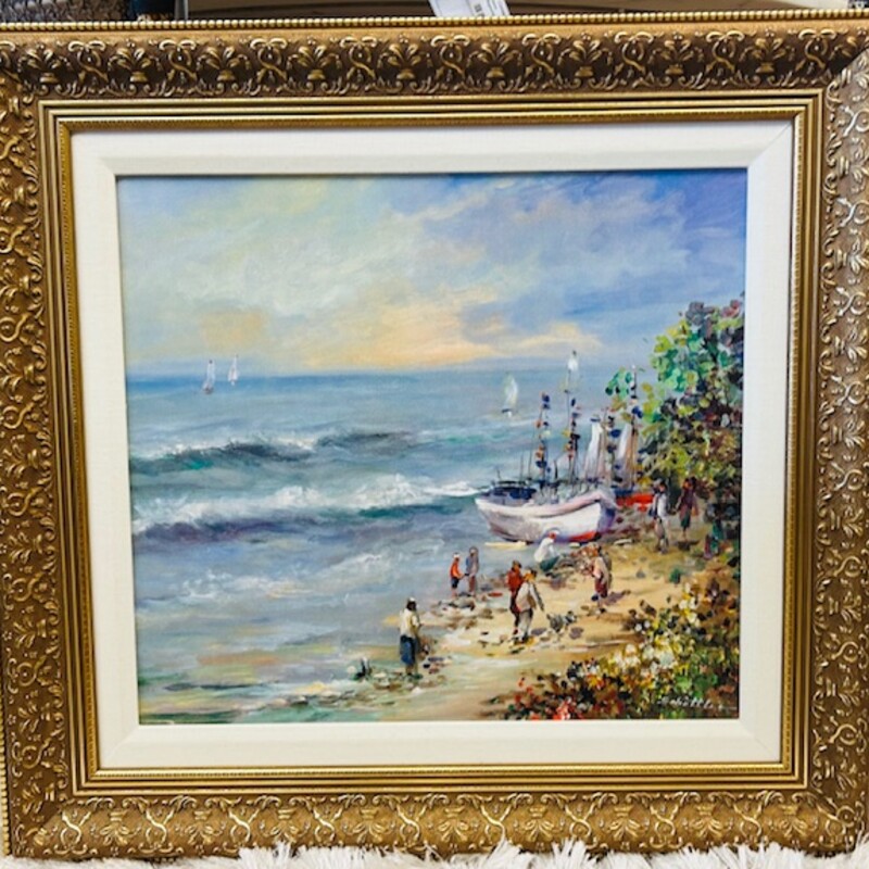 Seaside I Oil Painting by Randomlane Wall Decor
Blue White Tan Gold Size: 30 x 28H
Signed: Schottles