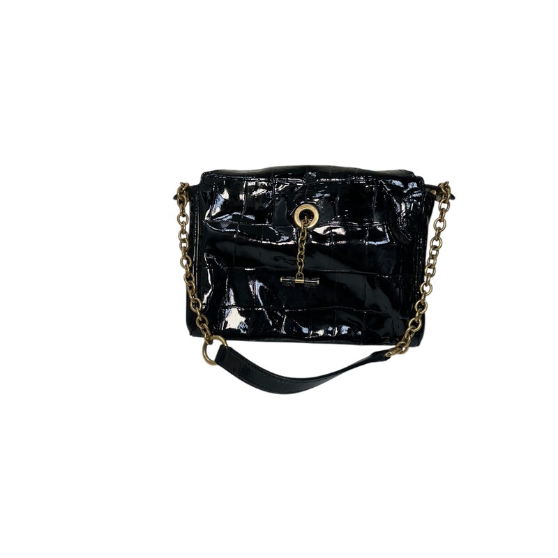 Yves Saint Laurent Croc Embossed Patent Chain bag<br />
<br />
Date Code: 186877.002404<br />
<br />
Dimensions:6 in H x 9in W<br />
<br />
In very good condition. Some interior marks<br />
<br />
Does not come with orignal dust bag or box.