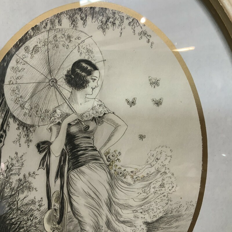 Pair Ladies Framed Pen & Ink art.<br />
Antique Oval