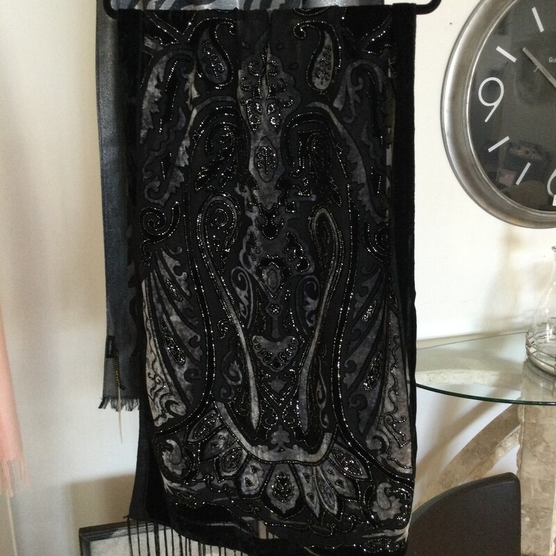 Scarf With Fringe & Gems,
Black/Grey,
Size: None