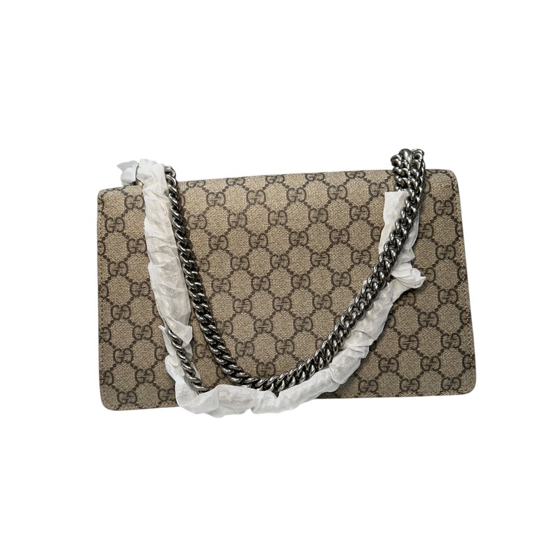 Gucci GG Supreme Monogram Small Dionysus Shoulder Bag Black<br />
<br />
Style Code:400249 596231<br />
<br />
Dimensions:<br />
Base length: 11 in<br />
Height: 6.5 in<br />
Width: 3 in<br />
Drop: 8.75 in<br />
Drop: 15 in<br />
<br />
In very good condition. Light marks to the suede from storage.<br />
<br />
Does not come with the original dust bag or box.