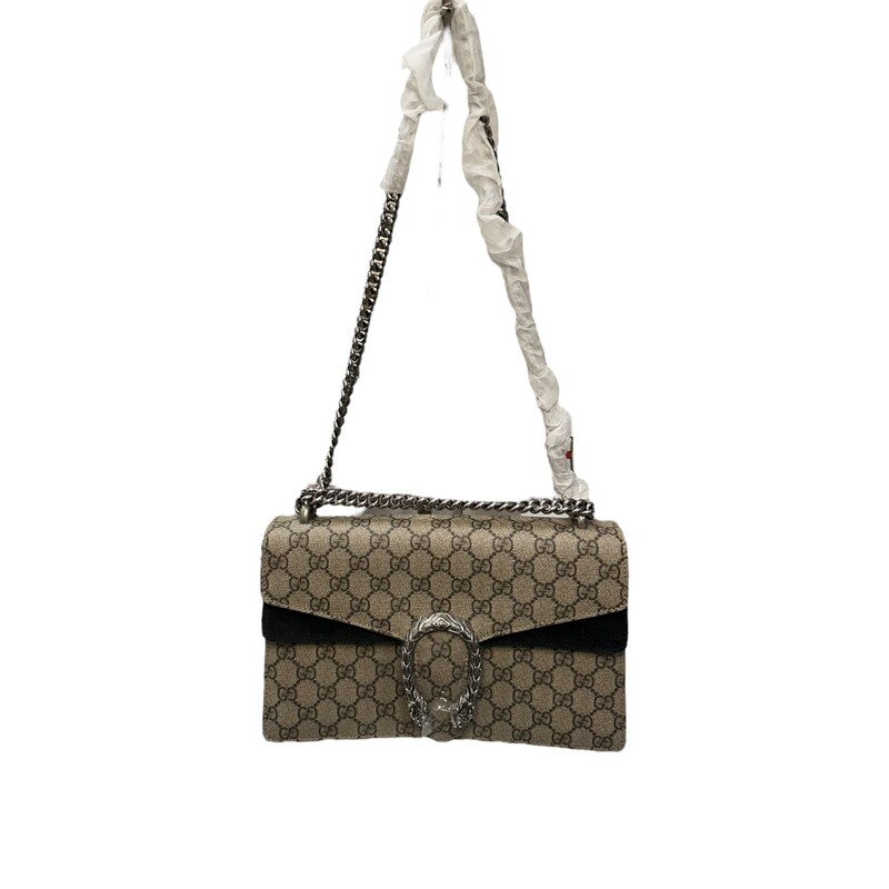 Gucci GG Supreme Monogram Small Dionysus Shoulder Bag Black<br />
<br />
Style Code:400249 596231<br />
<br />
Dimensions:<br />
Base length: 11 in<br />
Height: 6.5 in<br />
Width: 3 in<br />
Drop: 8.75 in<br />
Drop: 15 in<br />
<br />
In very good condition. Light marks to the suede from storage.<br />
<br />
Does not come with the original dust bag or box.