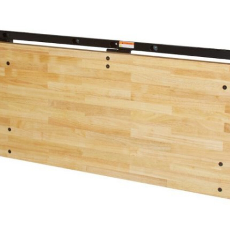 Folding Workbench, Bench Solution<br />
<br />
It’s Strong<br />
Bench Solution is strong enough for your heavy-duty projects. It has a large 60”W x 24” D x 1.5” solid hardwood butcher block bench top, and it is incredibly strong—with a 400 pound load rating.<br />
<br />
It’s Safe<br />
The Bench Solution fold down workbench is incredibly safe, utilizing a two-latch safety system that prevents the top from lowering unintentionally.<br />
<br />
It Takes No Space<br />
Here’s the best part.  Bench Solution is the perfect space-saving solution for your garage.  The Bench Solution is there when you need it, and seamlessly folds away when you don’t.