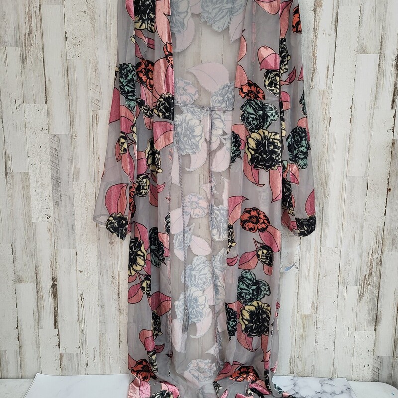 S Grey Floral Mesh Kimono