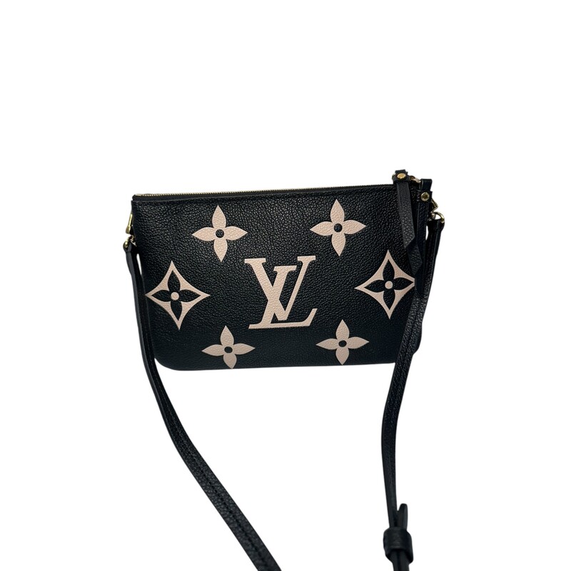 Louis Vuitton Empreinte  Double Zip Pouchette Bicolor Crossbody<br />
<br />
Date Code: Microchip<br />
<br />
Dimensions: 8in L x 5in H<br />
<br />
In excellent condition. Minor scratching on hardware<br />
<br />
Comes with oriignal dust bag. No box.