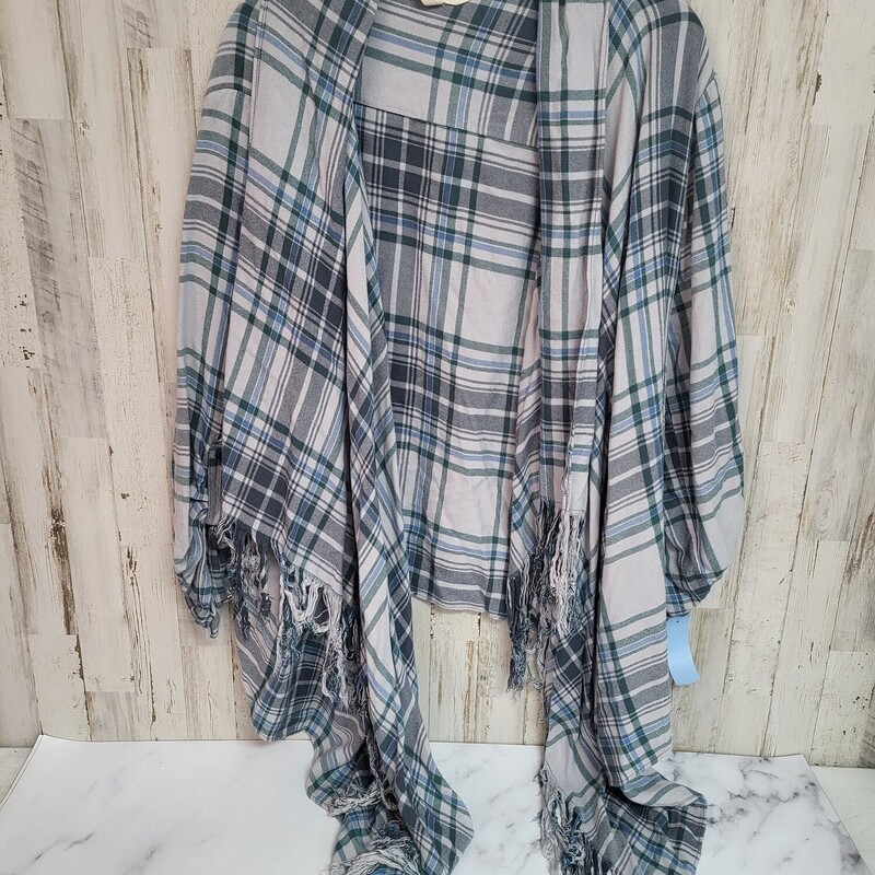 XL Blue Plaid Fringe Kimo