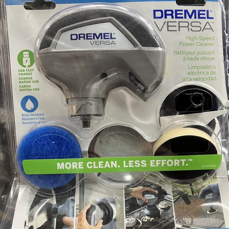 Power Cleaner, Dremel Versa

open package

Tough cleaning jobs are a thing of the past with the powerful and versatile Dremel Versa. High-speed scrubbing, in a compact size, is ideal for tackling soap scum, baked on food, difficult grease, dirt and much more. The Lithium-Ion battery charges fast and is perfect for indoor and outdoor, dry and wet uses. The light-weight and compact design is ideal for single hand use and to tackle hard to reach places. Accessories changes are fast with the hook and loop interface. Switch from tile to glass, or upholstery to metal in no time and use the Dremel Versa with or without water and cleaner based on the application.