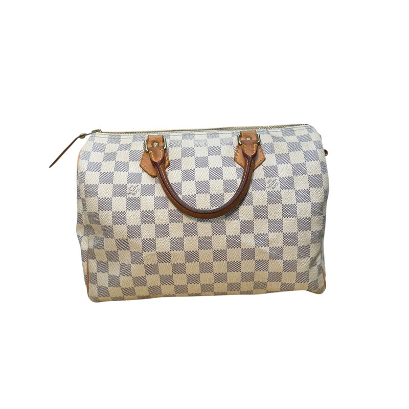 Louis Vuitton Speedy Damier Azur 35<br />
<br />
Date Code:SD1133<br />
<br />
Dimensions:<br />
11.8 x 8.3 x 6.7 inches<br />
(Length x Height x Width)<br />
<br />
Very good condition. Some wear on handles and some minor fading of canvas.<br />
<br />
Does not come with orginal dust bag. No box.