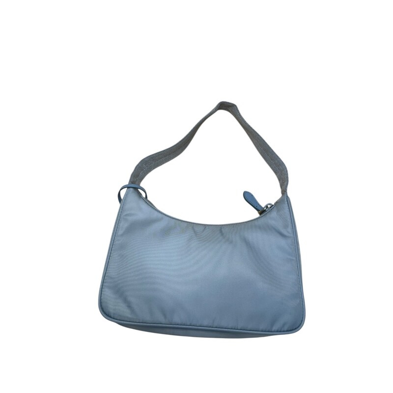 Prada Reedition Shoulder Handbag Light Blue<br />
<br />
Factory Code: 31<br />
<br />
Dimensions:<br />
<br />
In very good condition. Strap is lightly dirty. Light scratching to the front plaque.<br />
<br />
Comes with original dust bag. No box.