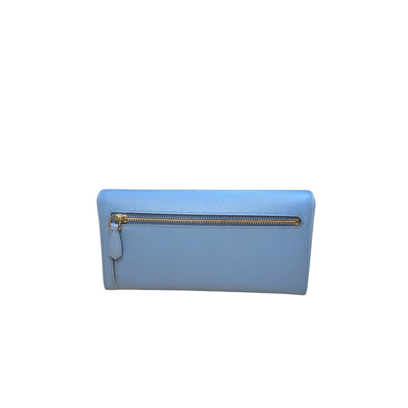 Prada Continental Wallet Light Blue Wallet<br />
<br />
Factory Code: 181<br />
<br />
Dimensions:<br />
7.5in by 3.75in by 1in<br />
<br />
In very good condition. Light wear around the corners.<br />
<br />
Does not come with the original dust bag or box.