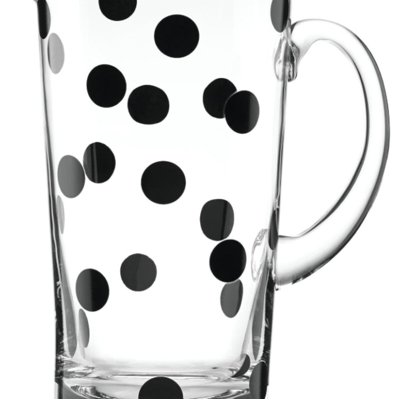 Kate Spade Deco Dot Pitcher
Clear Glass with Black Polka Dots
Size: 8x10H
Holds 64 ounces
Weighs 2 pounds
NEW in Box
Retail $55