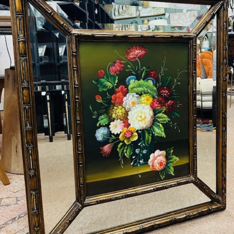 Floral Oil Painting with Mirrored Wood Frame
Brown Green Red Yellow Blue Size: 29.5 x 33.5H