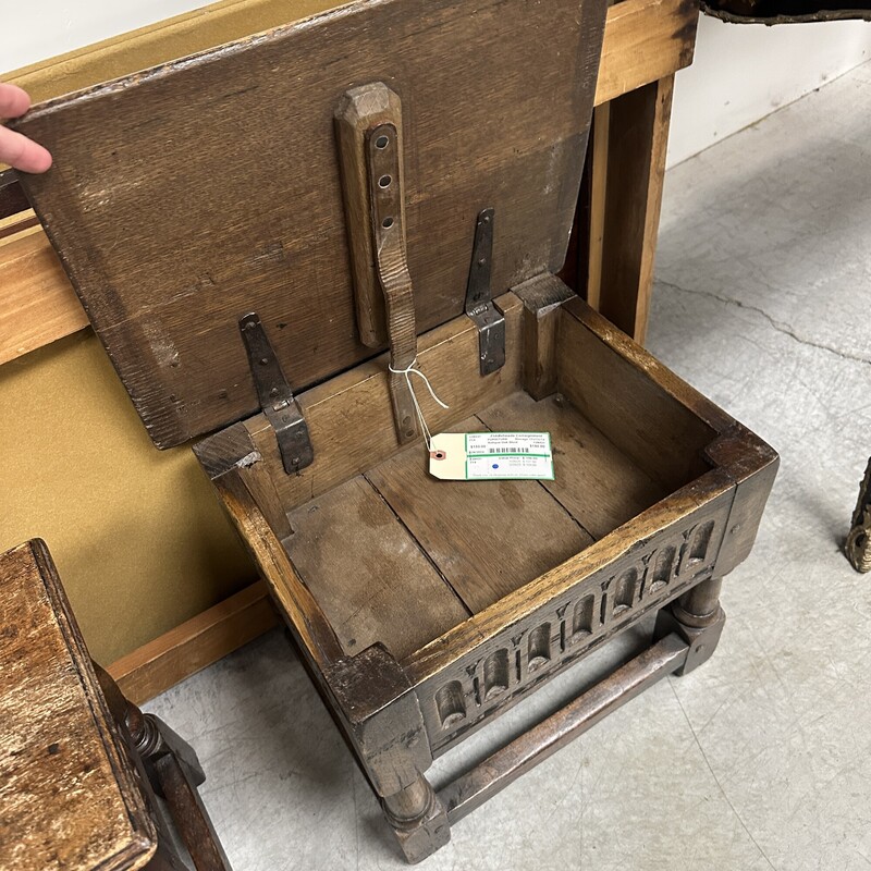 Small Antique Oak Stool, with Hinged Storage Seat<br />
Size: 17x13x14