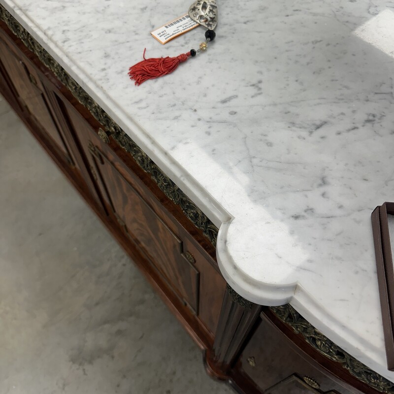 Antique Long Sideboard, Brown Wood Base with White Marble Top. SUPER heavy, but absolutely beautiful.
Size: 100x21x39