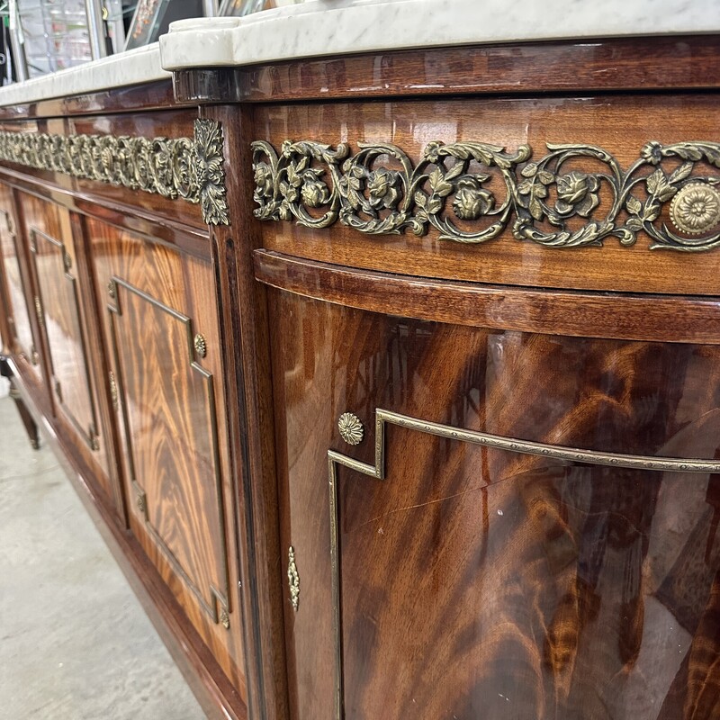 Antique Long Sideboard, Brown Wood Base with White Marble Top. SUPER heavy, but absolutely beautiful.<br />
Size: 100x21x39