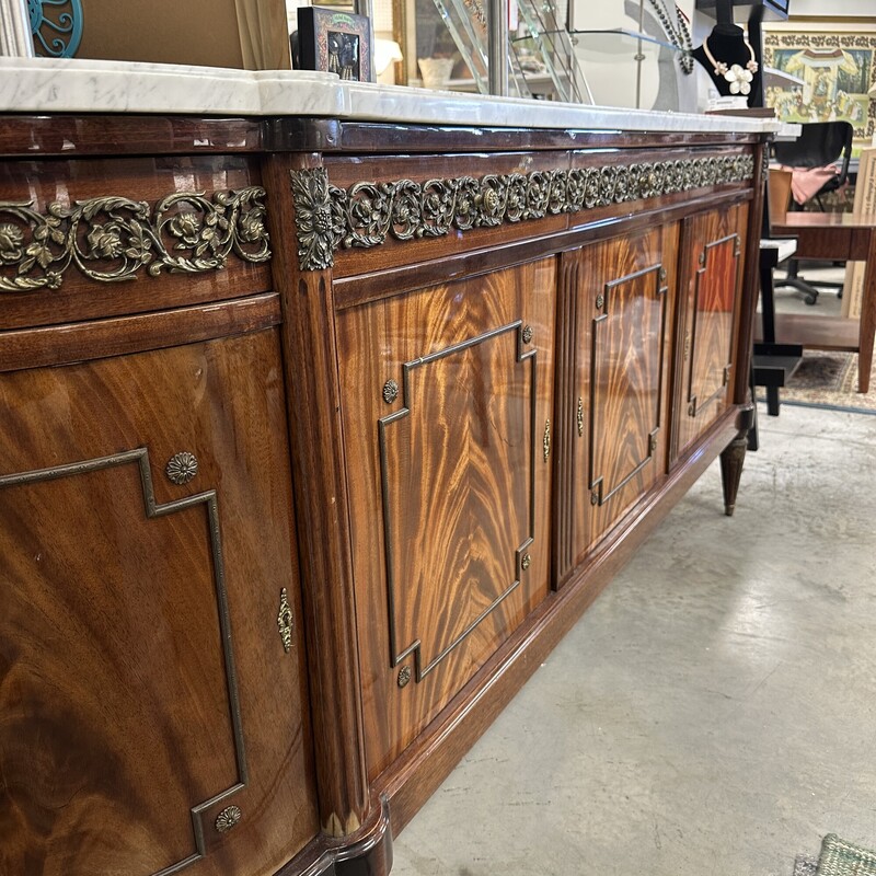 Antique Long Sideboard, Brown Wood Base with White Marble Top. SUPER heavy, but absolutely beautiful.
Size: 100x21x39