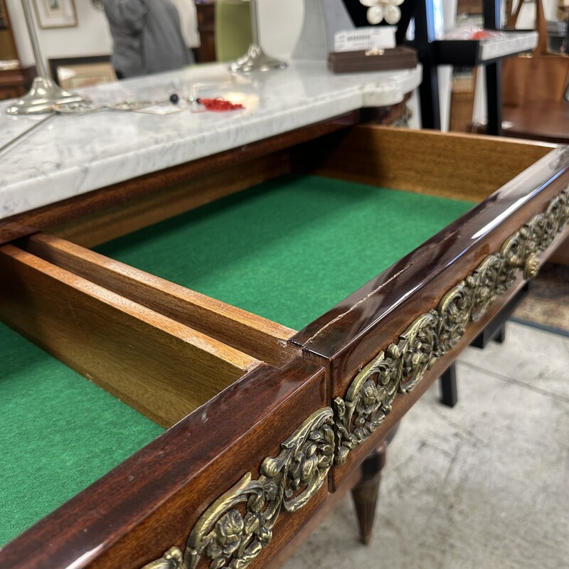 Antique Long Sideboard, Brown Wood Base with White Marble Top. SUPER heavy, but absolutely beautiful.
Size: 100x21x39