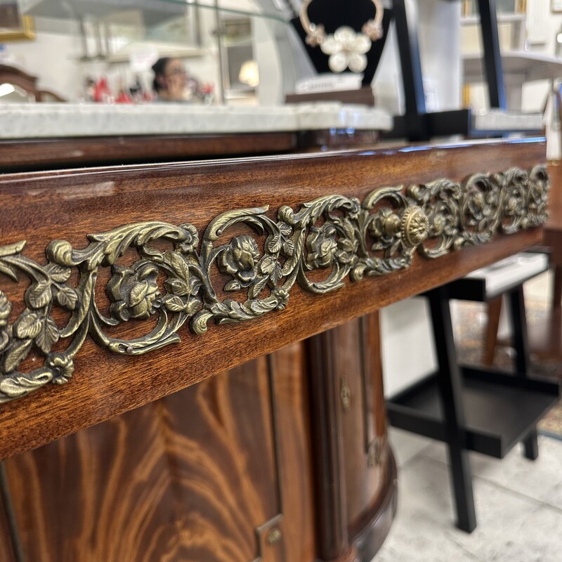 Antique Long Sideboard, Brown Wood Base with White Marble Top. SUPER heavy, but absolutely beautiful.<br />
Size: 100x21x39