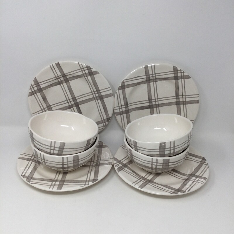 Pier 1 Plaid Dishware Set,
Cream/Grey,
Size: Set Of 8
(4 Bowls, 4 Plates)