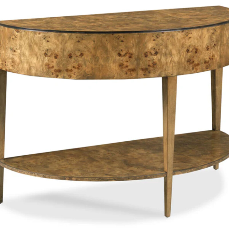 Woodbridge Isla Burl Demilune Console
Brown Hardwood Solids and Natural Burl Wood
Size: 48x22x33H
A half oval top rests over a deep curved apron rail that is elevated on gracefully tapering legs that are joined by a low shelf. No drawers.
Retail $1900
NEW