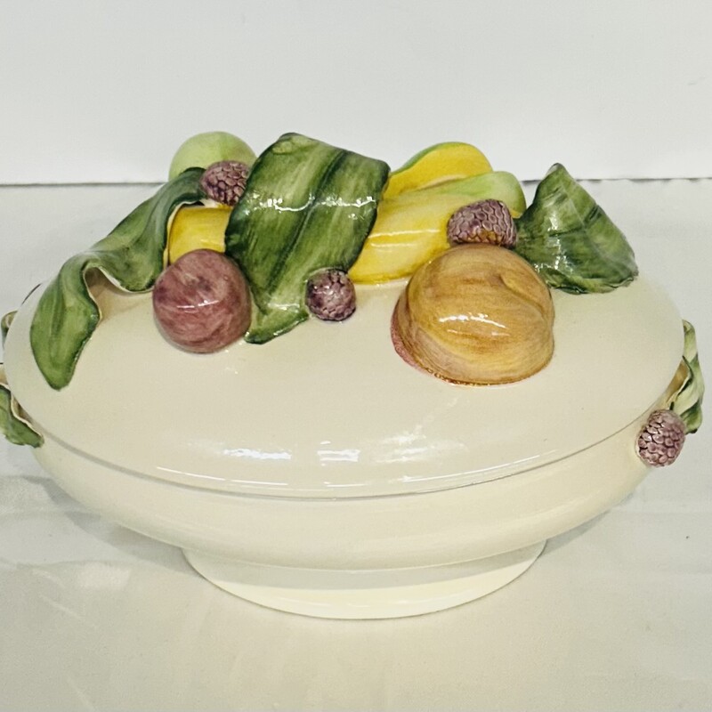 Artisan Pottery Fruit Covered Dish
White Green Red Purple Yellow Size: 9 x 5.5H