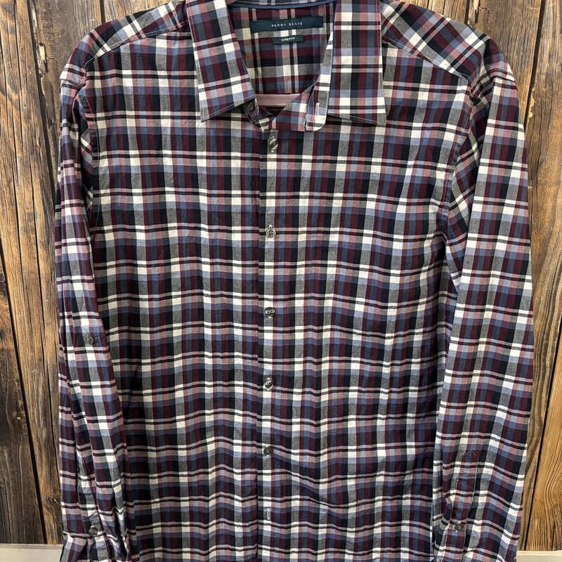 Maroon Blue Plaid Button, Size: L