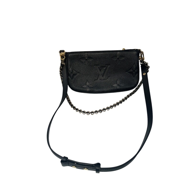 Louis Vuitton Multi Pochette Accessoires Empreinte<br />
Black<br />
<br />
Date Code: Chipped/Entrupy<br />
<br />
Dimensions:<br />
9.8 x 5.7 x 1.8 inches<br />
(Length x Height x Width)<br />
<br />
In excellent condition.<br />
<br />
Comes with original dust bag. No box.