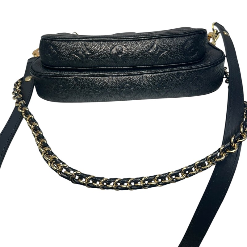 Louis Vuitton Multi Pochette Accessoires Empreinte<br />
Black<br />
<br />
Date Code: Chipped/Entrupy<br />
<br />
Dimensions:<br />
9.8 x 5.7 x 1.8 inches<br />
(Length x Height x Width)<br />
<br />
In excellent condition.<br />
<br />
Comes with original dust bag. No box.