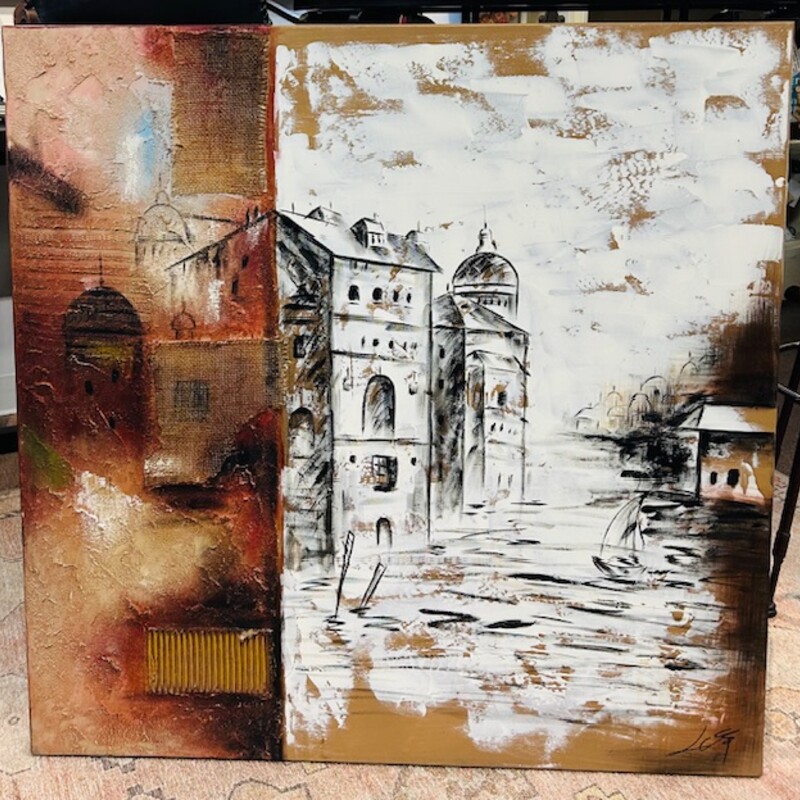 Mixed Media Building by Water Scene Canvas
Red White Tan Black Size: 40 x 40H
Coordinating canvas sold separately