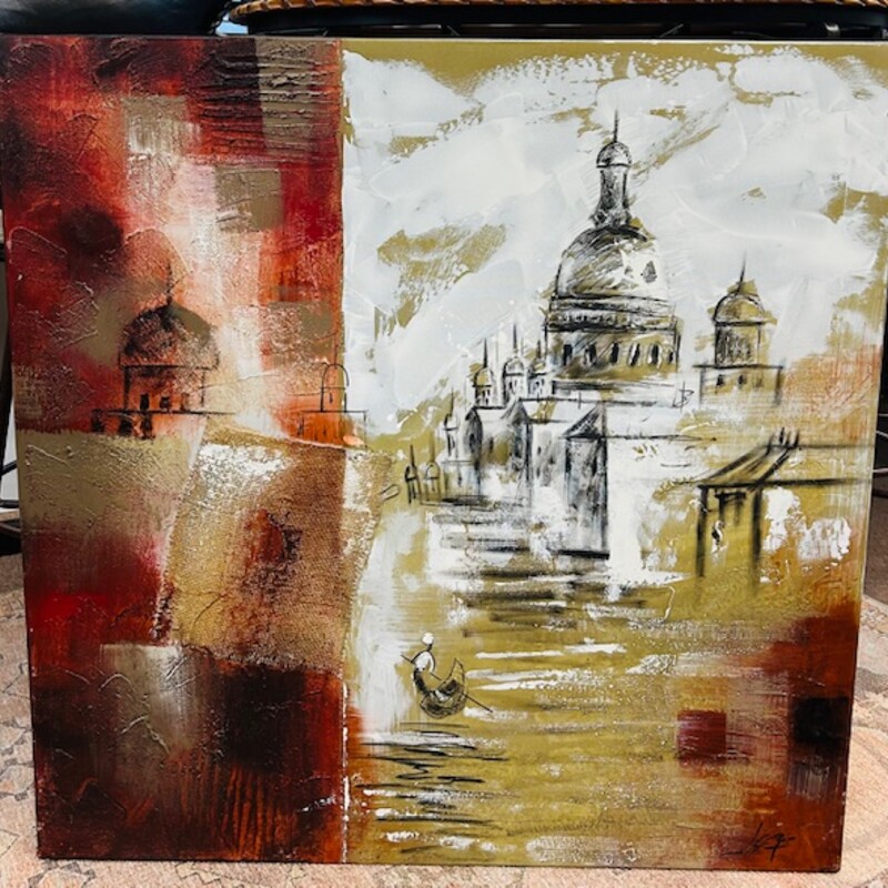 Mixed Media Building by Water Scene Canvas
Red White Tan Black Size: 40 x 40H
Coordinating canvas sold separately