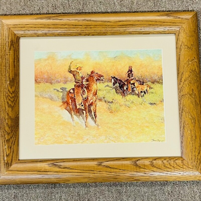 Longhorn Cattle Sign Frederic Remington
Brown, Tan, Green, Yellow
 Size: 17.5x14.5H