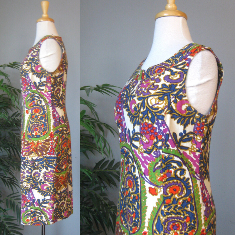 Talbots Tapestry Shift, Multi, Size: 8<br />
This is a sleeveless cotton dress in a colorful paisley print from Talbots<br />
Great for summer.<br />
The outer fashion fabric is 50% cotton and 50% modal (which is a type of rayon), the lining is cotton.<br />
Made in India<br />
Marked size 8 , but no no no!  very slim.  Better for a modern size 4 based on how it fits my mannequin.<br />
Center back zipper<br />
Here are the flat measurements, please double where appropriate, pay especial attention to the hip measurement, that is the limiting factor on this dress:<br />
<br />
Armpit to armpit: 17.5<br />
Waist: 16<br />
Hip: 19.25 ( if your hip measurement is 38 around, this will be snug)<br />
Length: 39.25<br />
Excellent condition<br />
Thanks for looking!<br />
#76757