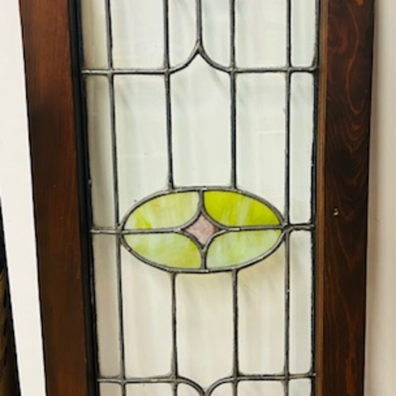 Vintage Stained Glass Panel
Green Blue Clear in Dark Brown Wood Frame
Size: 17x41H
From Historic Home Rocky River Area
Matching Panels Sold Separately