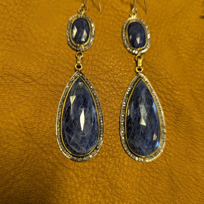 Pave Diamond & Sapphire Earrings 3.5in long