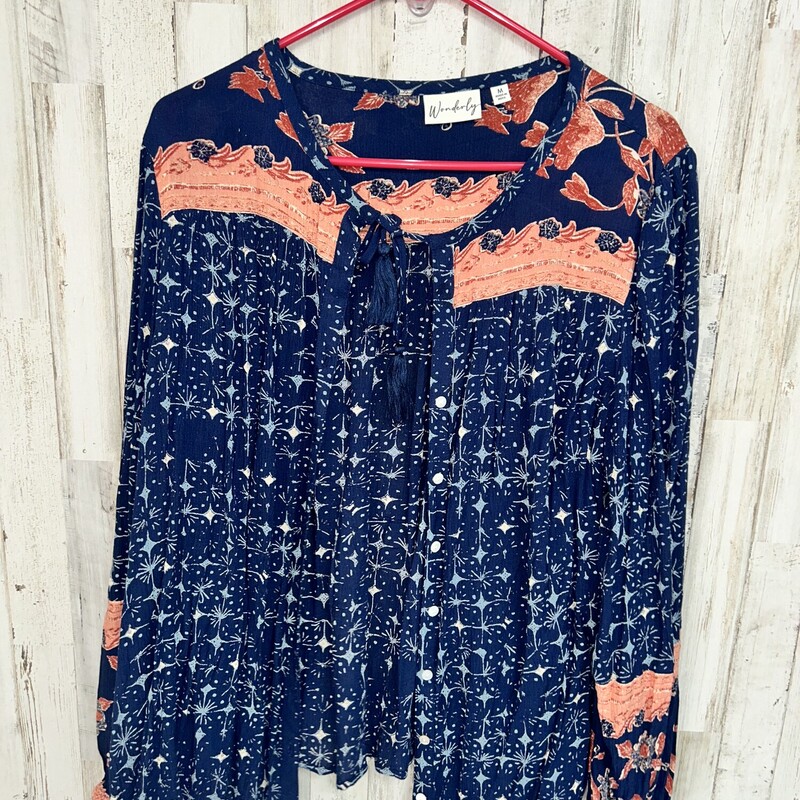 M Navy Printed Button Up, Navy, Size: Ladies M