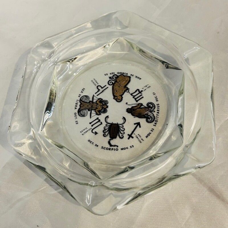 Hexagonal Zodiac Glass Ashtray
Clear Gold Black Size: 8.5diameter