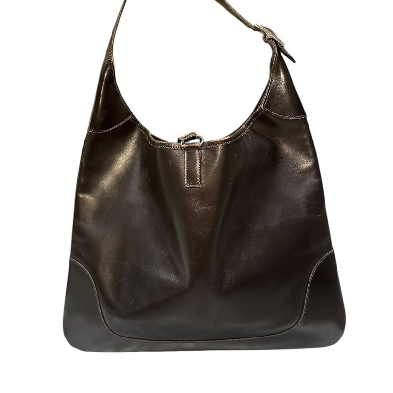 Hermes Trim Brown Leather Hobo Bag 33<br />
<br />
Dimensions: 12in H x 14in L<br />
<br />
Fair condition. Corner wear, fraying of the strap and hardware slightly tranished.<br />
<br />
Does not come with original dust bag or box.