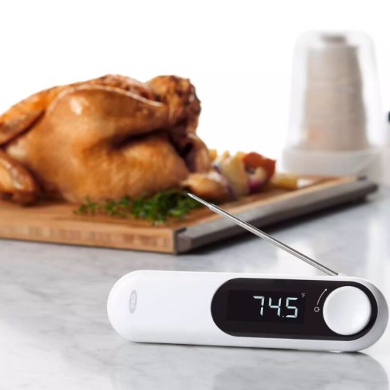 Oxo Good Grips Chefs Precision Thermometer
White Black Size: 6.5L
Retails: $104.99
The OXO Good Grips Thermocouple Thermometer registers temperatures up to 572ºF in 2-3 seconds. The thermocouple tip ensures quick and accurate readings (up to +/- 0.9ºF) without penetrating far into your food. The fully rotating probe and screen allow you to monitor temperature at any angle.
Thermometer measures up to 572ºF
Registers temperature in 2-3 seconds with accuracy of +/- 0.9ºF
Requires two AAA batteries