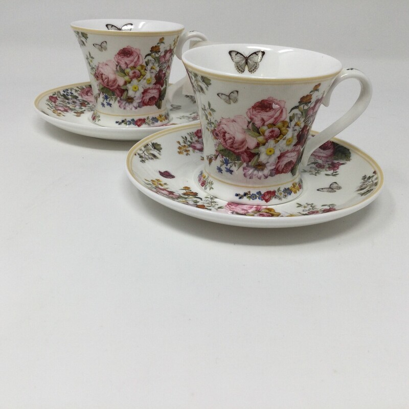 Blooming Espresso Cups & Saucers,
Pink/White,
Size: Set Of 2