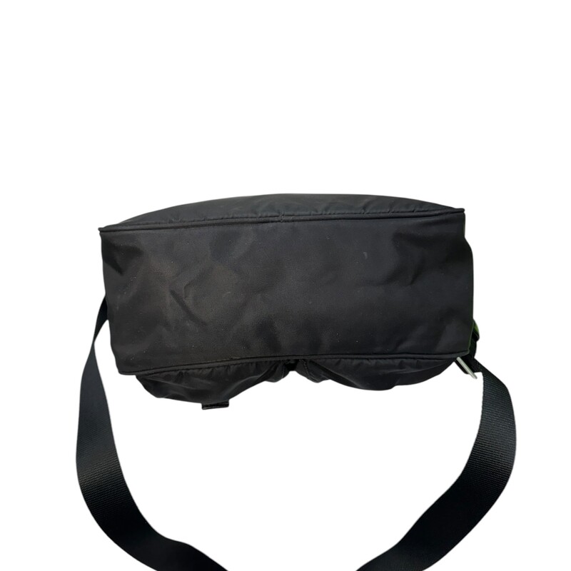 Prada Messanger Double Buckle Black<br />
<br />
Factory Code: 110<br />
<br />
Dimensions:<br />
Width 11.5in<br />
Height 9.25in<br />
Depth 3.5in<br />
Shoulder Drop 23.25in<br />
<br />
In good condition. Wear to the leather trim of the handbag.<br />
<br />
Comes with original dust bag. No box.