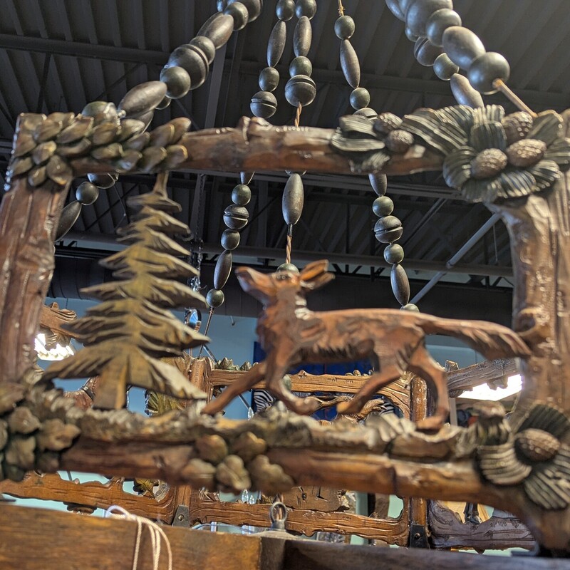 Carved Blk Forest? Chandelier, Bear Elk Fox Prong Dogs Ladie with Rifle, Size: 6 Light 39in Round 34in H