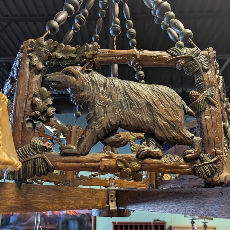 Carved Blk Forest? Chandelier, Bear Elk Fox Prong Dogs Ladie with Rifle, Size: 6 Light 39in Round 34in H