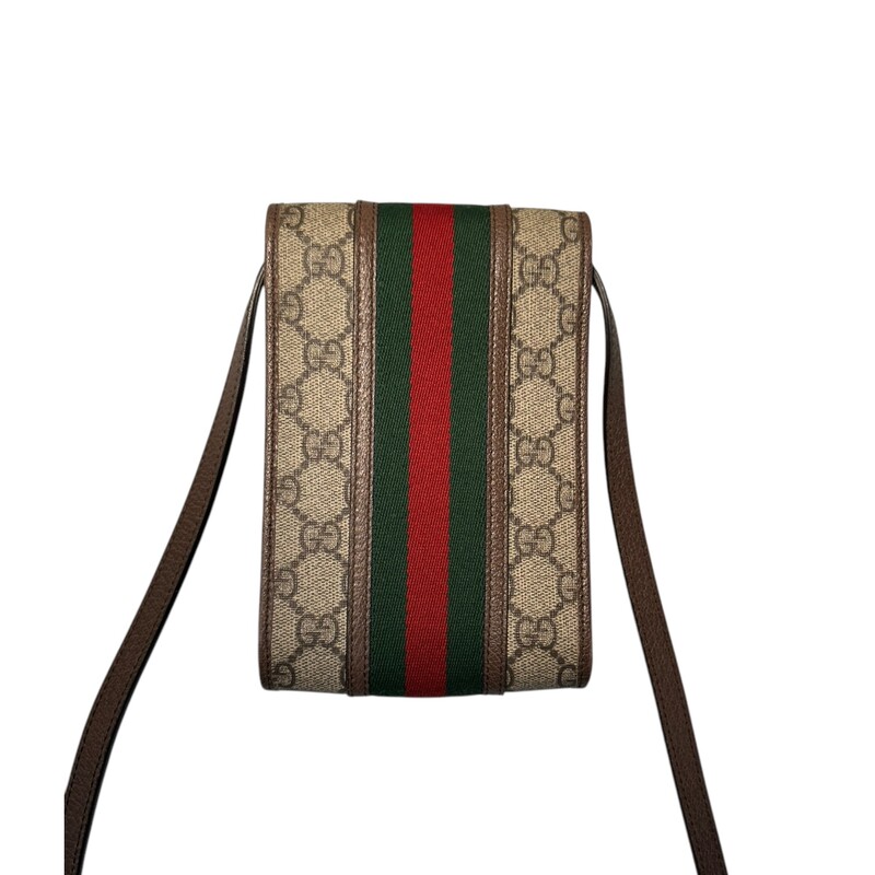 Gucci Supreme Ophidia  Phone Crossbody Bag<br />
<br />
Style Code:625787.1147<br />
<br />
Dimensions:4.5L x6 H inches<br />
<br />
In very good condition. Minor marks on the hardware.<br />
<br />
Does not come with original dust bag or box.