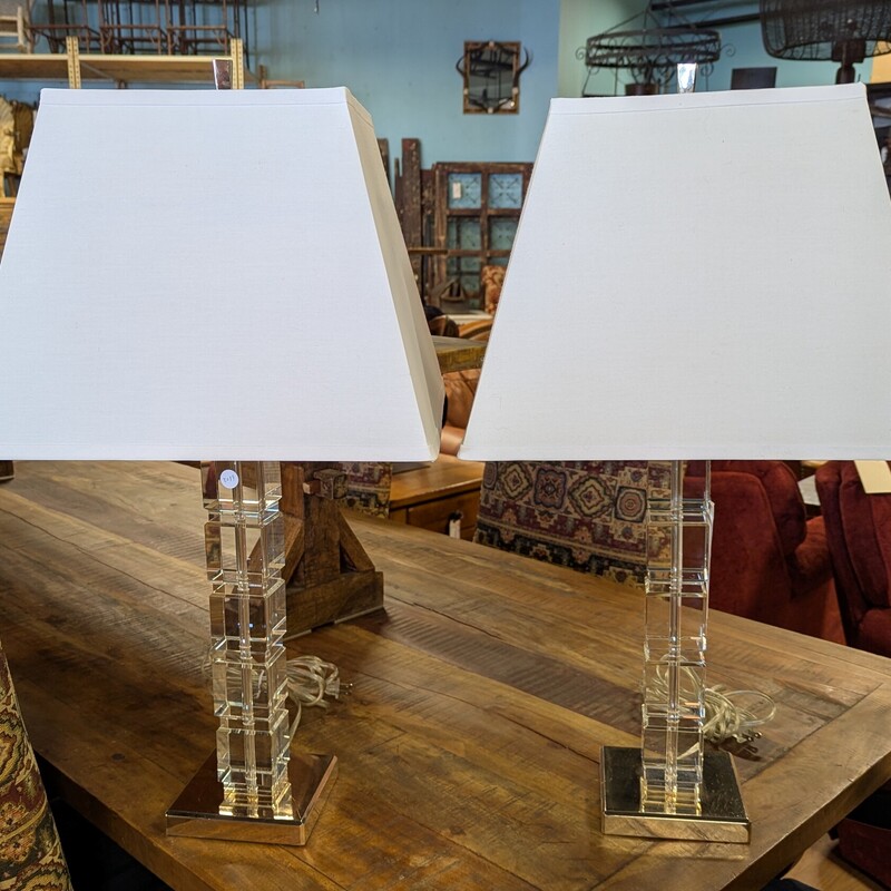 Ethan Allen Table Lamps 2, Crystal, Stacked 6in Base 28in H 16in Square Shade