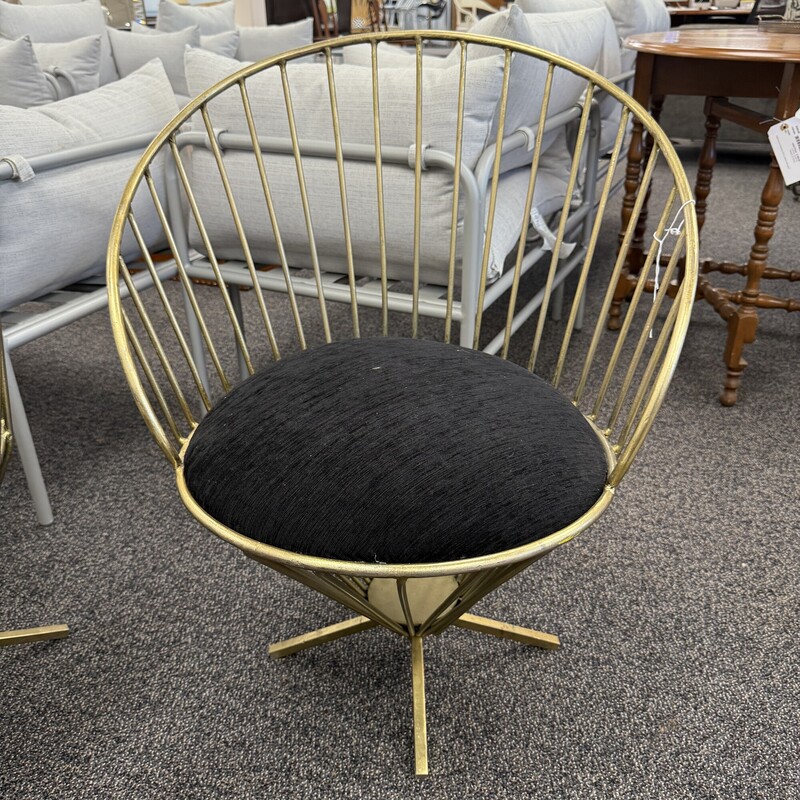 Two Metal Art Deco Chairs, Gold frame with Black seat.  Sold together as a PAIR.