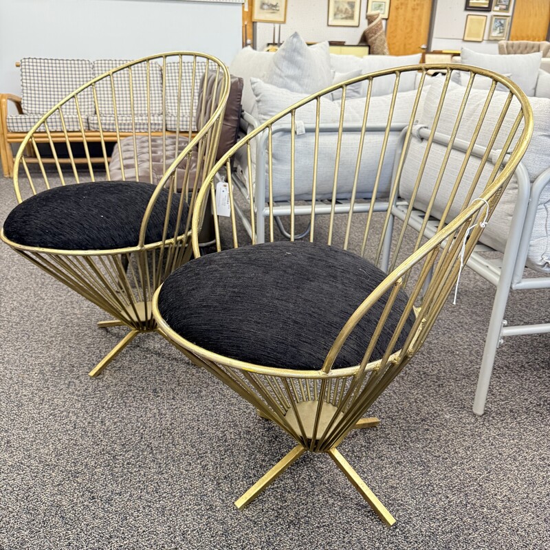 Two Metal Art Deco Chairs, Gold frame with Black seat.  Sold together as a PAIR.