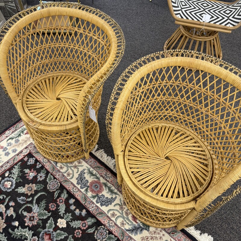 Rattan Barrel Chairs, sold together as a PAIR. One is AS IS with damage on one arm.